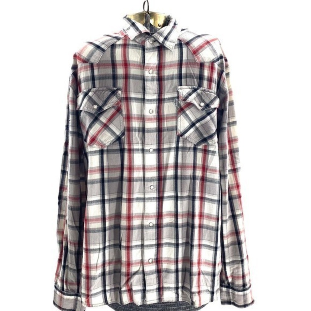 Vintage‎ Levi’s Pearl Snap Western Cowboy Plaid Long Sleeved Shirt Mens Size L